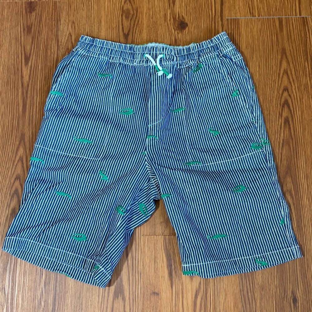 Boden Hickory Stripe Alligator Embroidered Shorts Blue White Green Kids